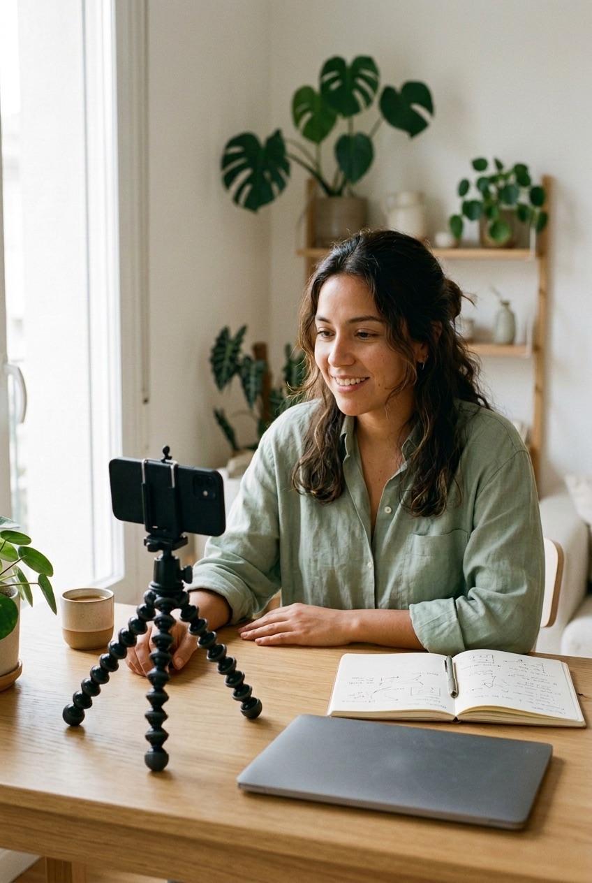 Creadora de contenido grabando un video con su teléfono en casa